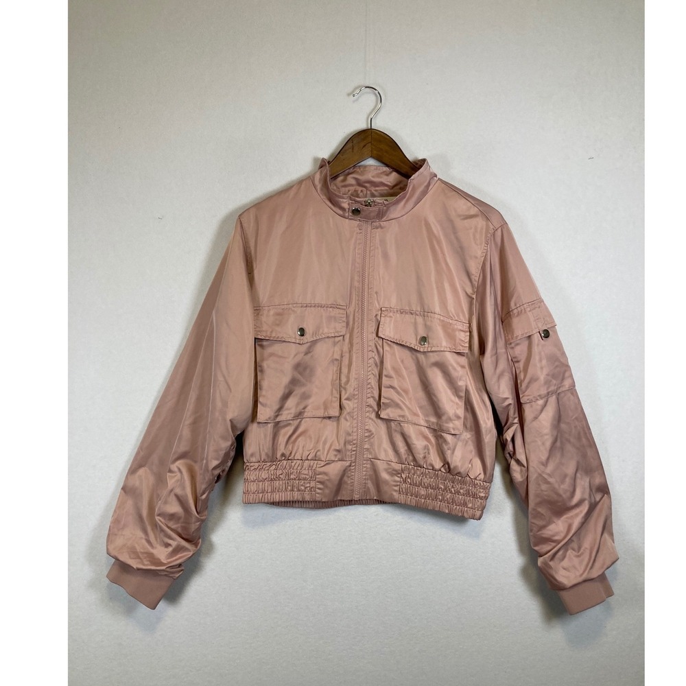 Miss‎ Posh Bomber Jacket Women Large Mauve Satin Cropped Ruched Cargo NYJK604
